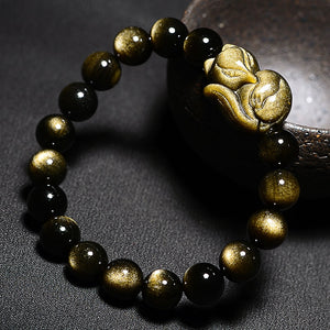 Bracelet H/F de Protection en Obsidienne dorée et renard dormant
