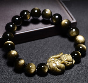 Bracelet H/F de Protection en Obsidienne dorée et renard dormant