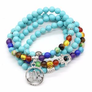 Bracelet H/F Mala Détox en perles de Turquoise et 7 chakras avec charmes