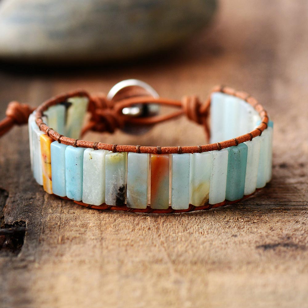 Bracelet Bohème Wrap en cuir anti Migraine en Amazonite