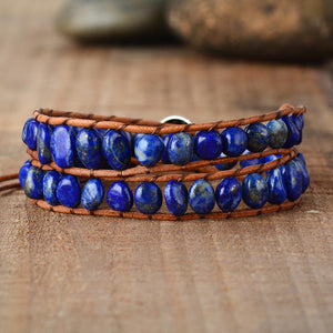 Bracelet H/F Grossesse, Fécondité et Peau en cuir et double rangée de Lapis Lazuli