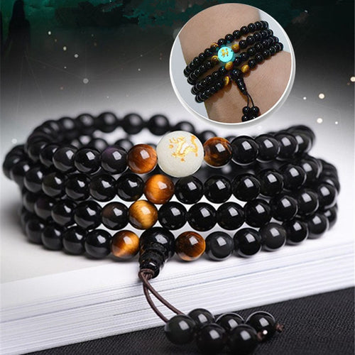 Bracelet H/F de Protection en perles d'Obsidienne et Œil de Tigre Lumineux