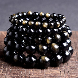 Bracelet H/F de Protection en Obsidienne dorée - perles de 10 à 16 mm
