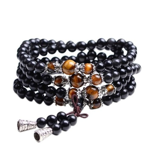 Bracelet H/F de Protection en 108 perles d'Obsidienne et Œil de tigre