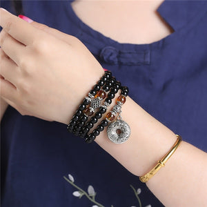 Bracelet H/F de Protection en 108 perles d'Obsidienne et charme