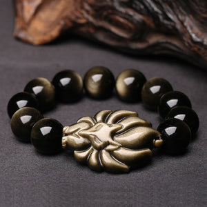 Bracelet H/F de Protection en Obsidienne dorée et renard - perles de 8 à 16 mm